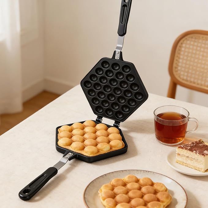 Bubble Waffle Pan, Cast Aluminum Non Stick Stovetop Maker with Cool Touch Handles for Home Use, Gas Stove Compatible Waffle Iron for Cafe Party and Teahouse