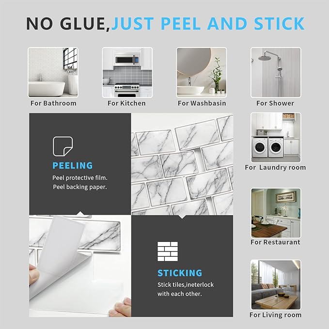 URCOLOR 10-Sheet backsplash Tile for Kitchen Peel and Stick,12"x12" Self Adhesive Subway Wall Tiles Stick on Back Splashes for Bathroom White Marble
