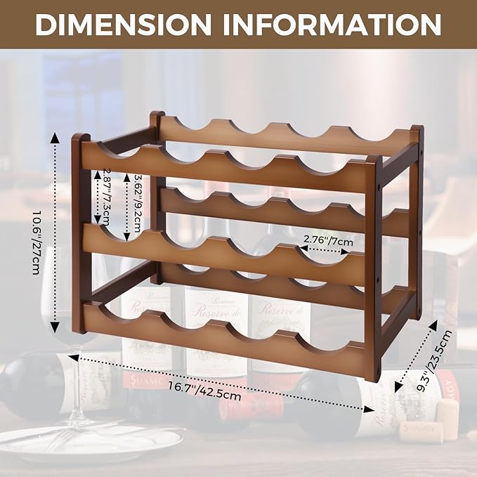 Janedream 3-Tier Bamboo Wine Rack for 12 Bottles, Easy-to-Assemble Countertop Wine Storage Shelf, Sturdy Tabletop Wine Holder for Kitchen, Inside Cabinet, Pantry, or Home Bar (3 Tier)
