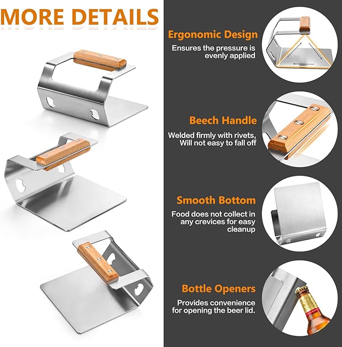 Joyfair Smash Burger Press Stainless Steel, 5.8” Hamburger Smasher Steak Weight Tool, Heavy-Duty Meat Press for Blackstone Griddle, Gill, Flat Top, Heat-Proof Wooden Handle & Flat Edge