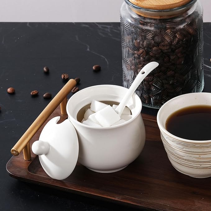 7oz Farmhouse White Ceramic Sugar Bowl with Lid and Spoon Salt Container Jar for Coffee Table Porcelain Condiment Pot for Seasoning with Black Rim