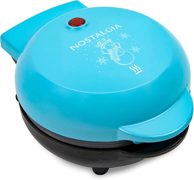 Nostalgia MyMini Personal Electric Snowman Waffle Maker, 5-Inch Cooking Surface, Waffle Iron for Hash Browns, French Toast, Grilled Cheese, Quesadilla, Brownies, Cookies, Blue
