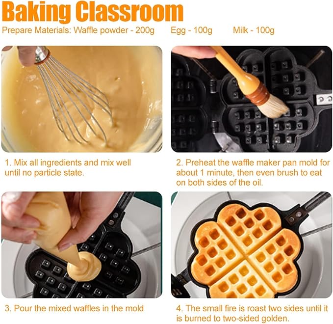 Heart Shape Waffle Maker for Stovetop, Non Stick Aluminum Campfire Waffle Iron with Detachable Handle, Portable Cookware for Outdoor Camping, RV and Home Kitchen