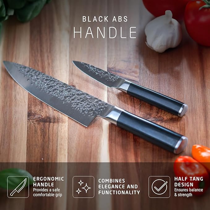 Swiss Diamond Chef & Paring Knife, German Steel With ABS Handle, Half Tang Handle, Hammered Blade Chef Knives Professional Grade, 55+2 Rockwell Hardness, 8 & 4.5 Inch
