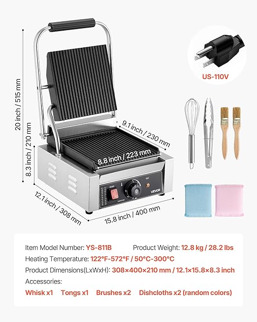 VEVOR Commercial Panini Grill, 1800W Electric Sandwich Panini Maker, Stainless Steel Sandwichs Press Grill with Handle and Temp Control, 8.8x9 in Full Grooved Enamel Plate for Hamburger Steak Bacon