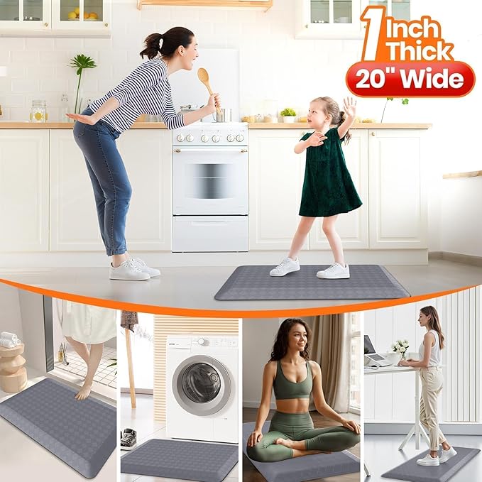 StepRite 1” Thick Kitchen Mats for Floor, Anti Fatigue Kitchen Rugs, Non-Slip,Heavy Duty Waterproof Kitchen Rug, Standing Desk Mat, Gifts for Friends, Family, Home, Kitchen, Office (32" x 20", Grey)