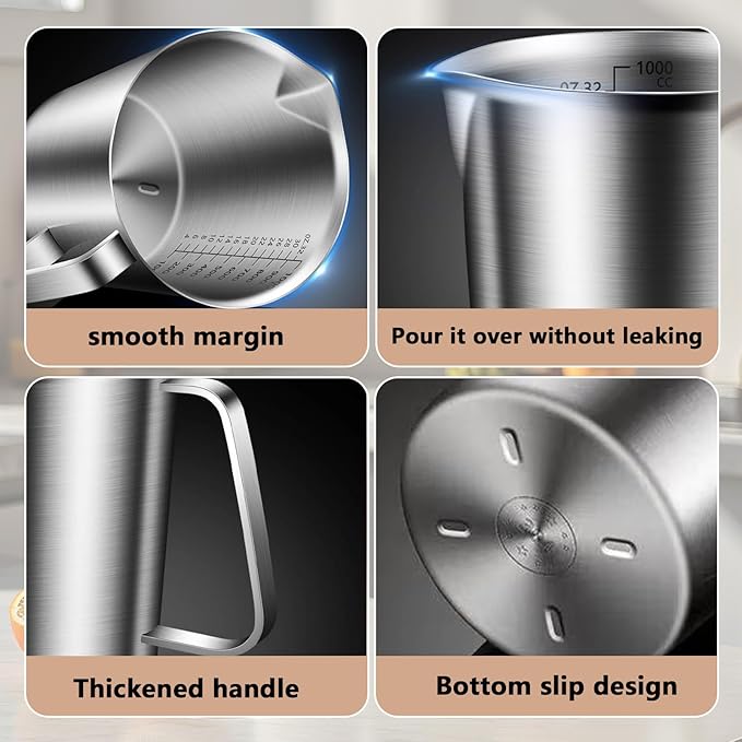 Large Stainless Steel Pitcher with Lid, 8.5 Cup Milk Frothing Jug with Handle，70 oz Metal Measuring Cup，2 L Water Pitcher for Espresso Machines, Latte Art, Iced Tea, Hot and Cold Water (70 oz, A)