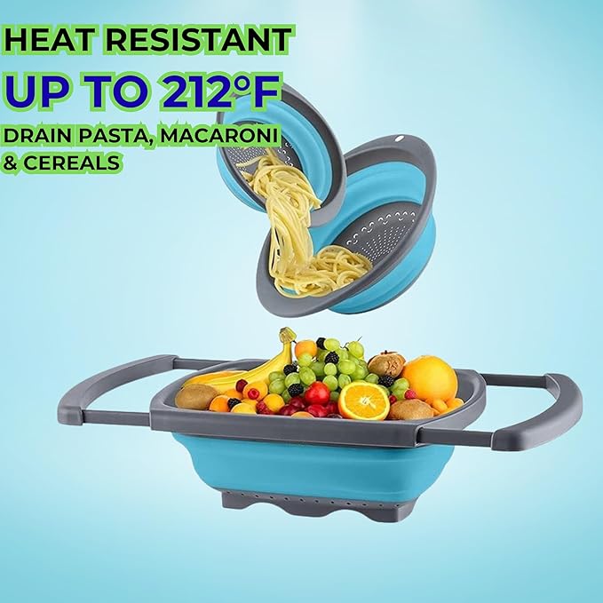 Collapsible Colander Set,Premium Food Grade Silicone Folding Strainers with Handles Space Saving Colanders for Draining Pasta,Vegetables & Fruits,Ideal for Kitchen & Travel (1pc(blue))