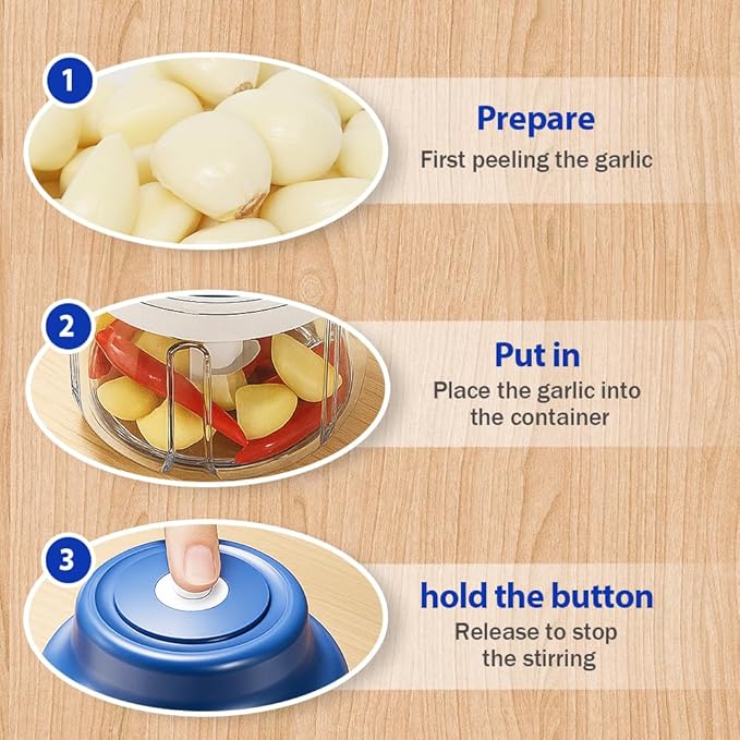 Electric Garlic Chopper with USB Rechargeable Design, Portable Food Processor for Garlic, Onion, Chili, Nuts, Vegetables, One-Touch Mini Kitchen Helper (Blue, 250ml)