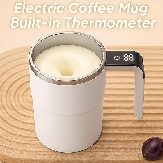 Electric Coffee Mug with a Built-in LCD Thermometer, Perfect for Protein Powder, Brewing Coffee, Milk, Cocoa, Etc, Self Mixing Coffee Mug (White)