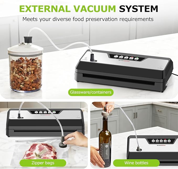 Bonsenkitchen Vacuum Sealer Machine, Built-in Cutter | Bag Storage, Multifunctional Food Sealer for Sous Vide & Meal Prep, 1 Roll Bag & 5 Pre-Cut Bags, Black-Stainless Steel
