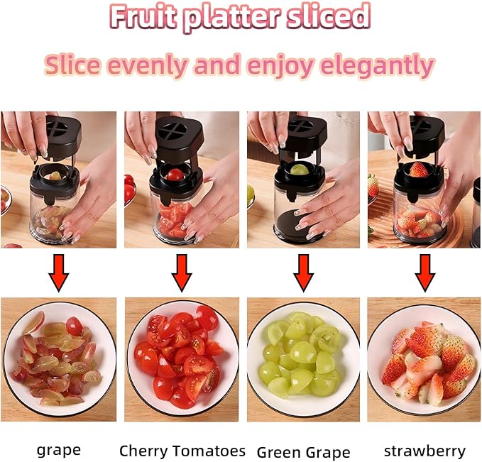 Strawberry Slicer, Fruit Cutter, Stainless Steel Egg Slicers, Fruit Slicer Cup, Grape Cutter, Banana with Cup Slicers, Kitchen Gadget for Fast Slicing (1-Pack-Black)