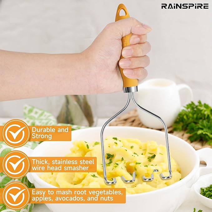 Rainspire Potato Masher Stainless Steel, Mashed Potato Masher Kitchen Tool, Durable Mash Potatoes Masher, Soft Non-slip Handle, Kitchen Utensils, Kitchen Gadgets, Orange