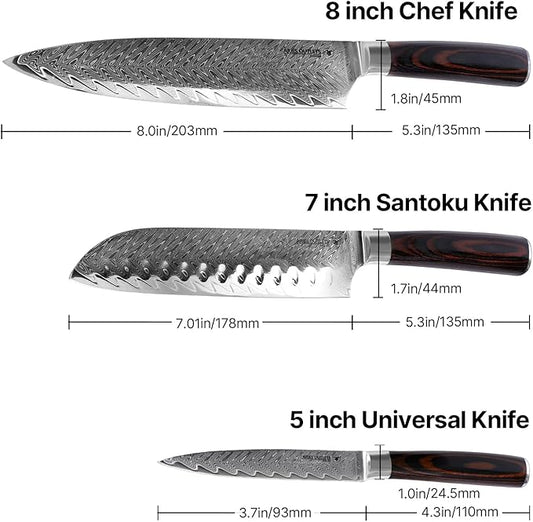 Damascus Knife Set, 3PCS Ultra Sharp Professional Japanese Kitchen Knives with Pakkawood Handles,VG10 Steel Core Chef Knife Set for Gift for Mom Dad-Gift Box