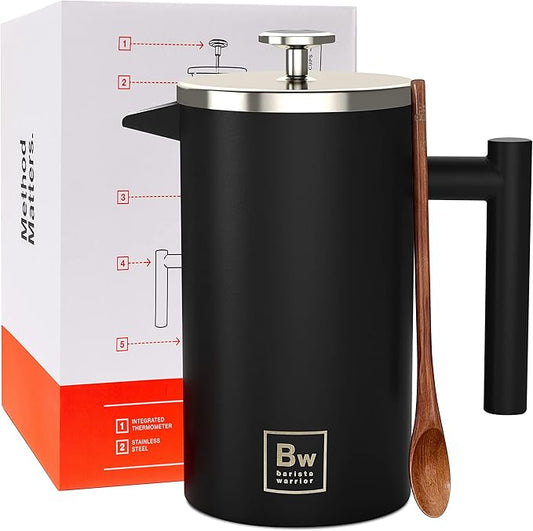 Barista Warrior French Press with Thermometer - Insulated Coffee Press - Stainless Steel Coffee Maker (1.0L | 34 fl oz) (Black)