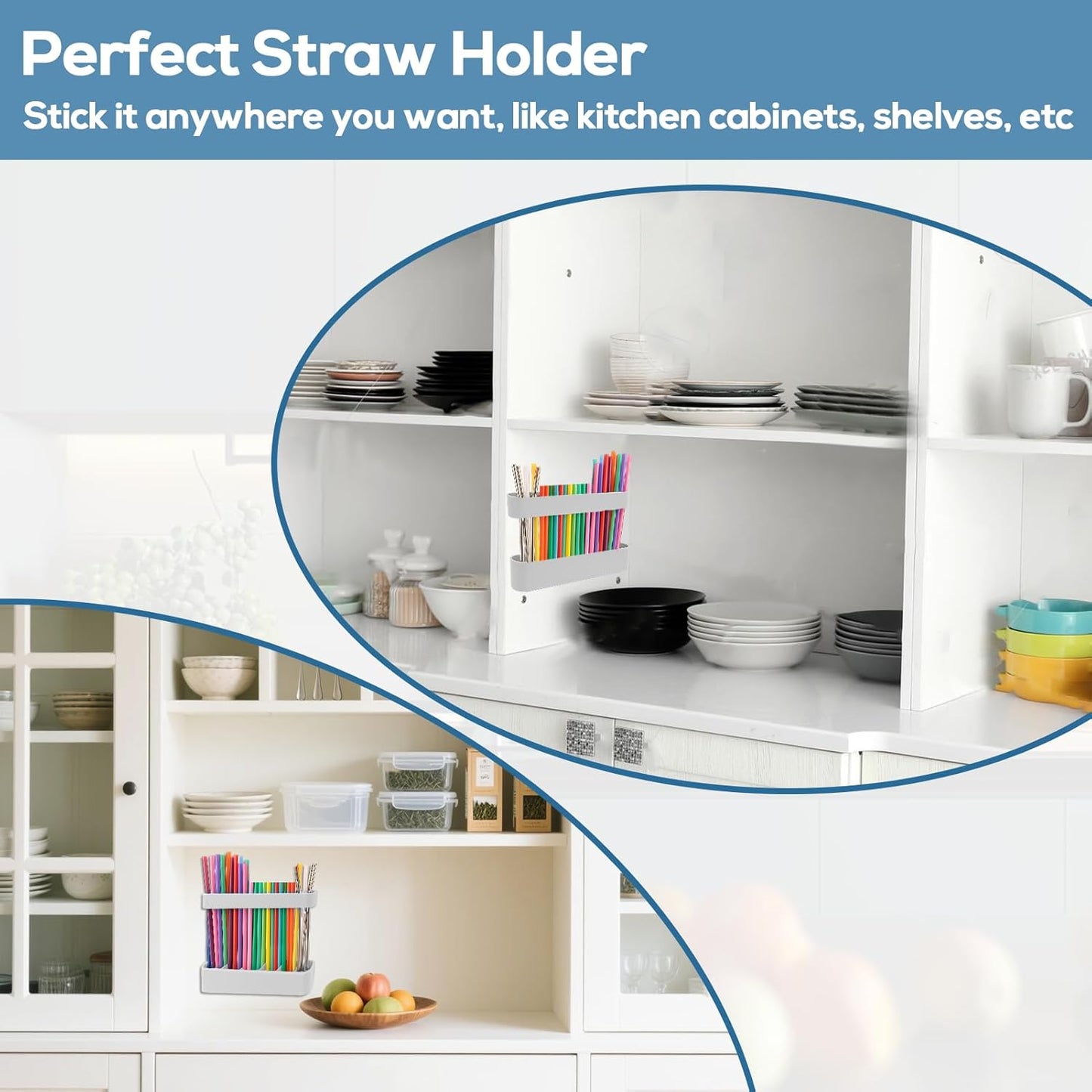 Juome Straw Holder for Cabinet, Silicone Straw Organizer with Double Sided Adhesive Tape, Reusable Tumbler Straws Storage Dispenser for Kitchen Counter Cupboard Door (White)