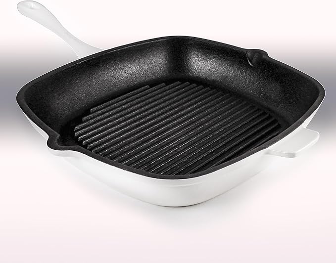 Berghoff Neo 2Pc Enameled Cast Iron Grill Set, Grill Pan 11 inches, Bacon/Steak Press 8 inches, Fast, Evenly Heat, Oven safe (White)