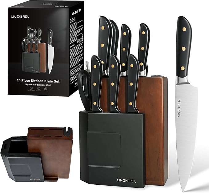 14-Piece Knife Block Set, High-Carbon Stainless Steel Dishwasher Safe Kitchen Knives Detachable Knife Holder, Includes Chef's, Santoku, Bread & Steak Knives (black)