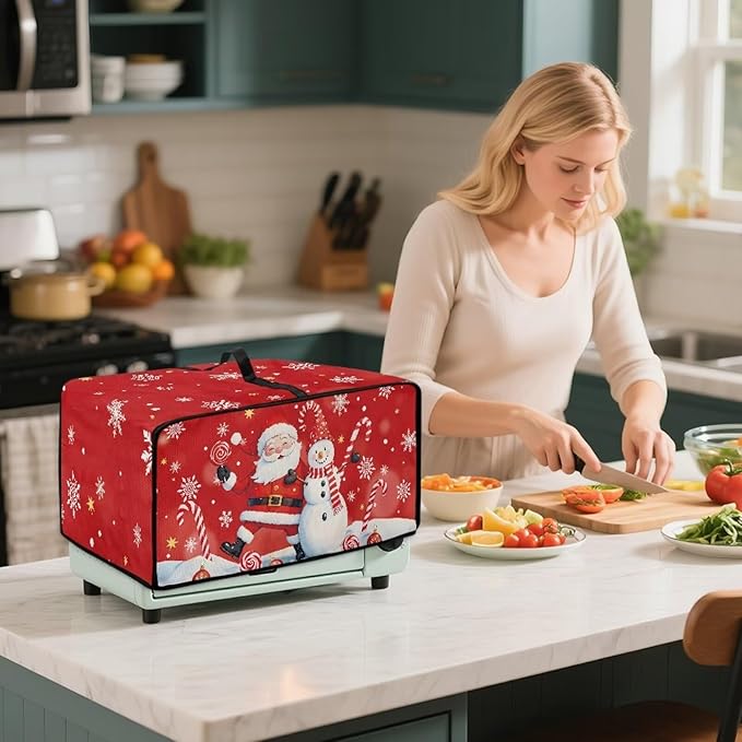 Doojoayie Chrsitmas Toaster Oven Cover Santa & Snowman Print 4 Slice Bread Machine Dust Protector Universal Fit Dust-proof & Stain Resistant Covers for Kitchen Appliance