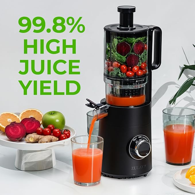 Zulay Kitchen Cold Press Juicer Machine with 5" Wide Feed Chute, Slow Masticating Juicer for Whole Fruits & Vegetables, Easy to Clean, Stainless Steel Blades, High Juice Yield - Black