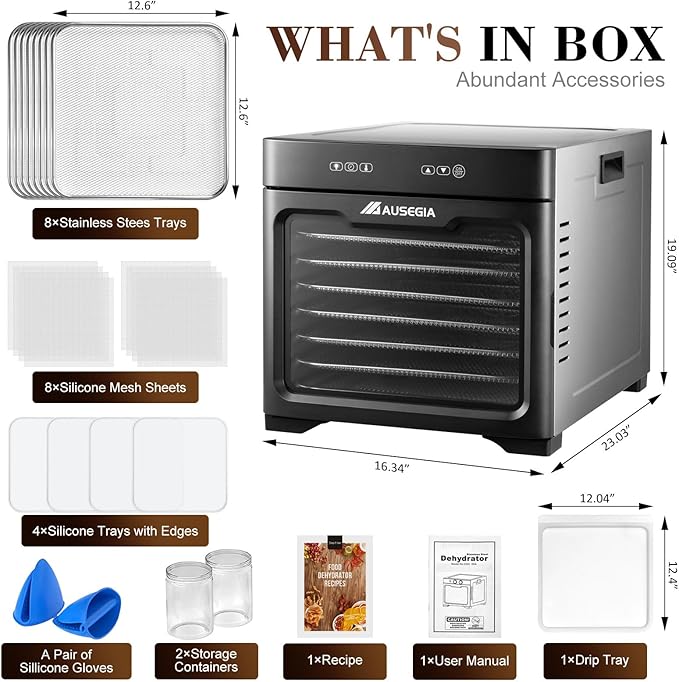 Commercial Large Food Dehydrator, Usable Area up to 9 ft², 800W Full Stainless Steel Dryer Machine, up to 190℉ Temperature, for Meat, Fruit, Veggies, Beef, Herbs (8-Trays Dehydrator)