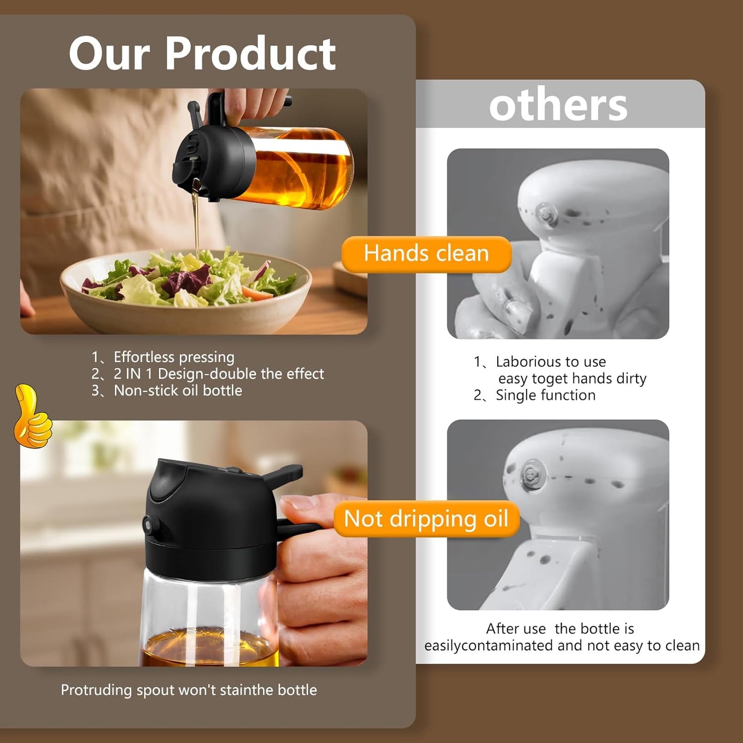 2PCS Oil Sprayer for Cooking, 470ml 2 In 1 Sprayr & Pour, Glass Olive Oil Dispenser Pourer for Kitchen, Air Fryer, Cooking, Salad, BBQ (Black,Black)