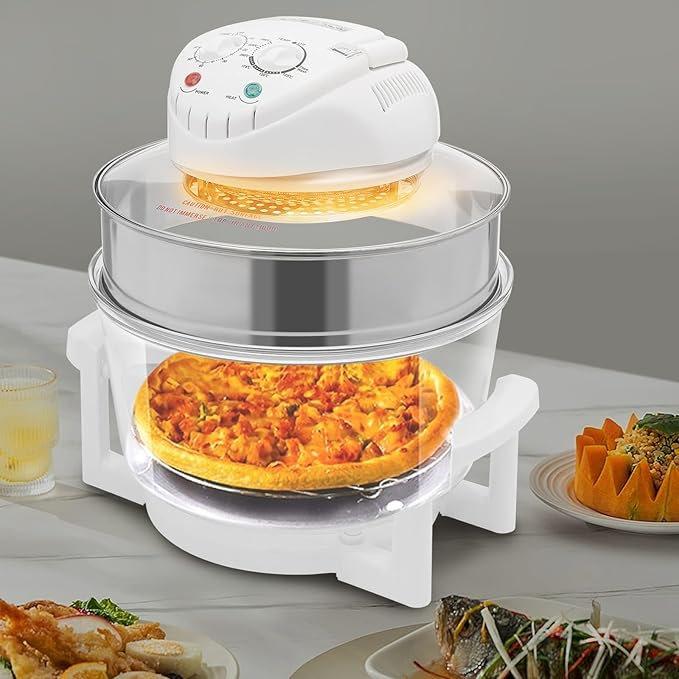 trggvvrt 17L/17.96Qt Turbo Electric Glass Air Fryer w/ 2 Grill, Electric Turbo Convection Oven Roaste, 360° Viewable Airy Fryer with Expansion Ring, Multifunction Oilless Halogen Oven