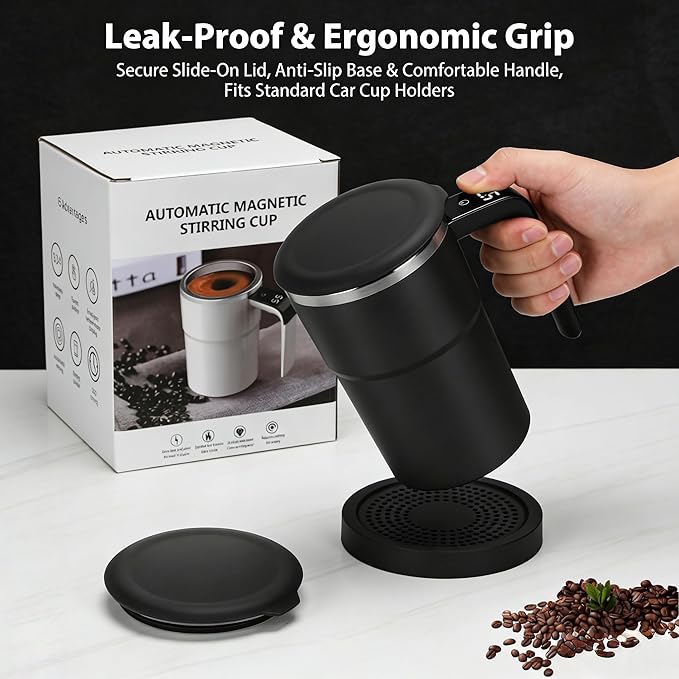 Electric Coffee Mug with a Built-In Lcd Thermometer, 13oz Automatic Self Stirring Coffee Mug, Perfect for Brewing Milk, Cocoa, Etc (White)