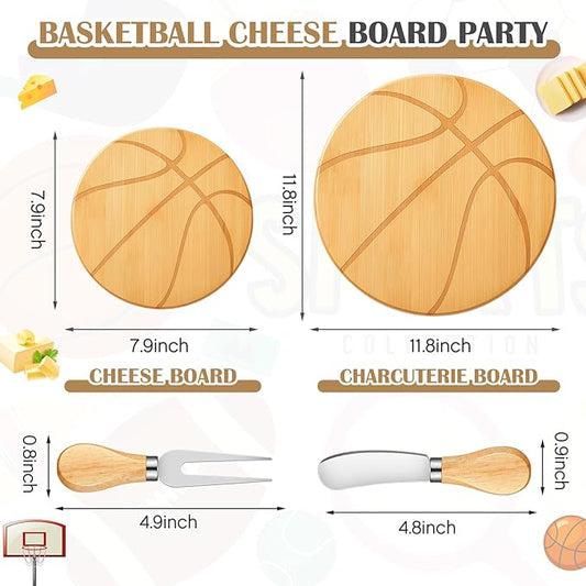 Ziliny Basketball Cheese Board Gift Set Party Favor Prizes Charcuterie Wood Board with Knives and Box Father Day Gift for Dad Grandpa Party Tournament Game(7.9"x 7.9", Bamboo Color)