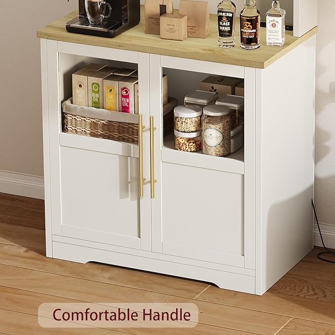 IDEALHOUSE Bakers Rack With Storage Cabinet, Microwave Stand With Power Outlets, Farmhouse Bakers Rack With Thick Table Top, Small Kitchen Pantry for Kitchen,Dining Room,White & Peer Wood