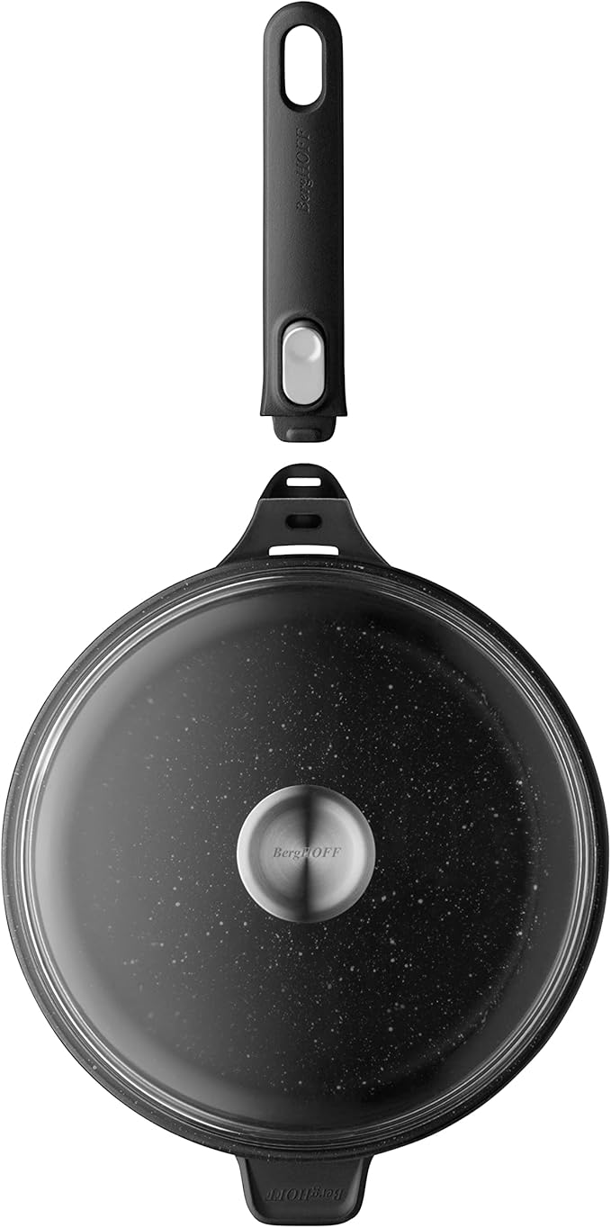 BergHOFF GEM Non-Stick Cast Aluminum Sauté Pan 10" 3.4 qt. Stay-Cool, Detachable Handle Glass Lid Ferno-Green, PFOA Free Coating Induction Cooktop Fast Heating Oven Safe