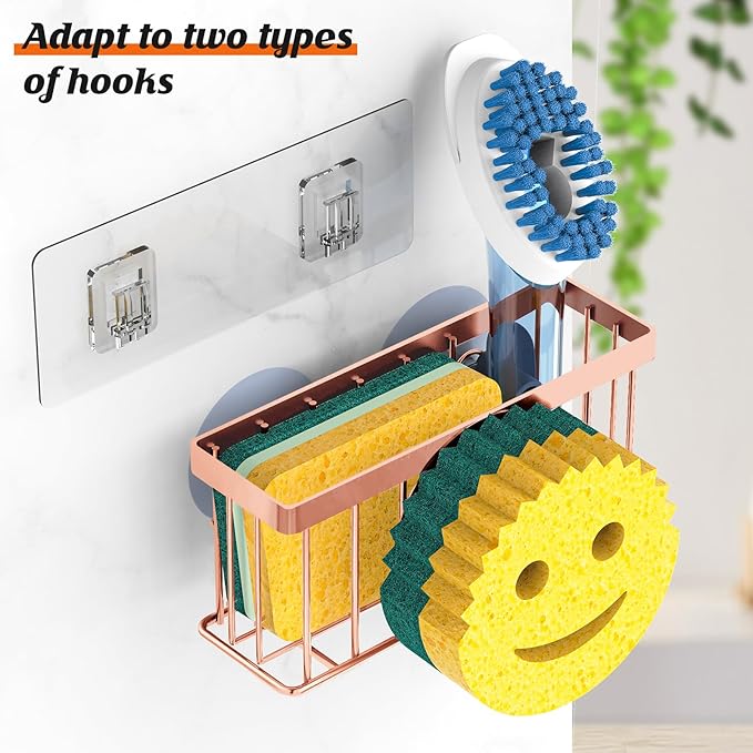 Sponge Holder Smiley Face, Caddy for Kitchen Sink,Sponge Holder with 2 PCS Suction Cups/1 PCS Adhesive Strips,Designed for Sponge,Soap,Dish Brush,Scrubber-Rose Gold
