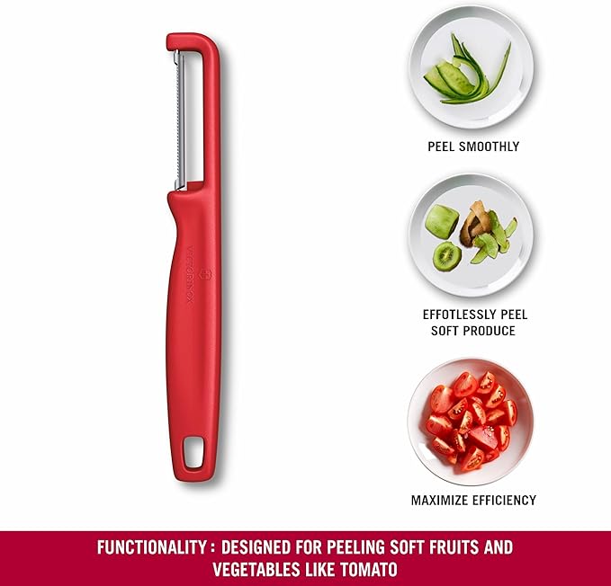 Victorinox Iota Peeler for Vegetables, Fruits, Serrated Edge, Extra Sharp, Swiss Made, Red