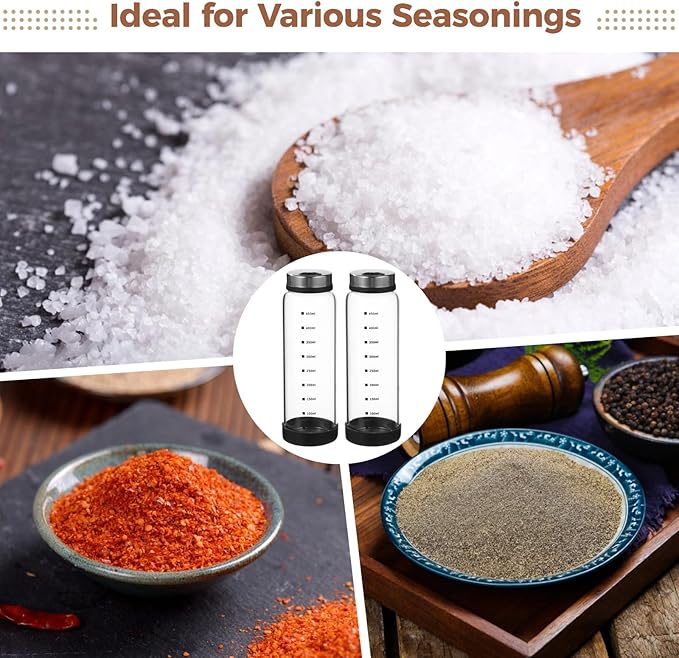 4 Pcs Salt & Pepper Shakers, Large Glass Spice Jars with Adjustable Pour Holes, Spice Dispensers with Non-skid Silicone Bases, Seasoning Jars with Rotating Steel Lids for Kitchen(500ml)