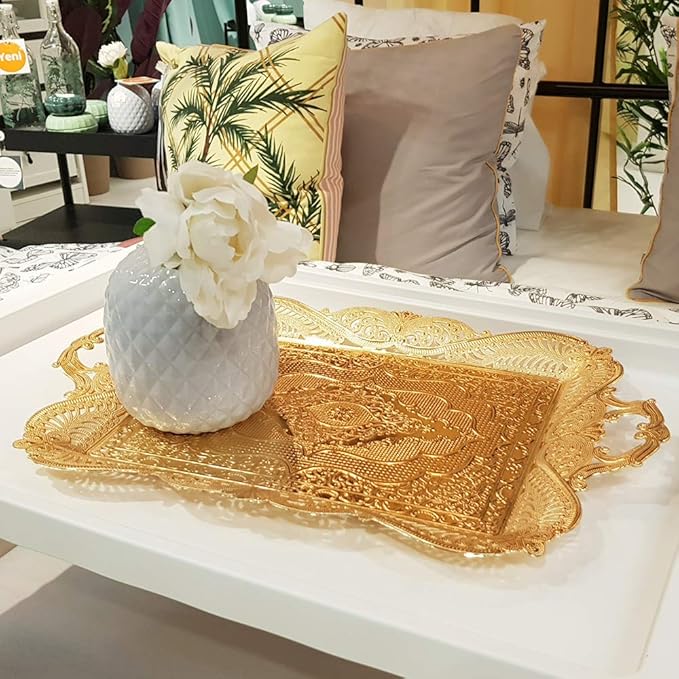 Gold Turkish Coffee Tea Serving Tray Table Home Decor Decorative Handle - Gold Vintage Brass Fancy Rectangle Style Traditional Rustic Bar Outdoor Wedding Arabic Farmhouse Wedding Decor Tray