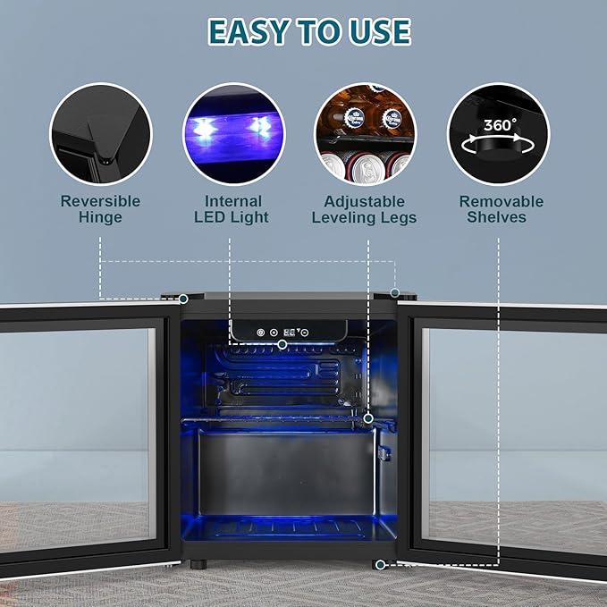 48 Can Beverage Refrigerator,12 Bottle Wine Cooler with Stainless Steel Glass Door, Digital Temperature Display, Countertop Mini Fridge for Soda, Wine or Beer, Silver