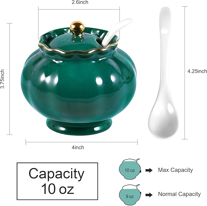 Sugar Bowl with Lid and Spoon, Ceramic Sugar Bowl, 9oz Sugar Jar for Coffee Bar, Spice Box Sugar Containers for Seasoning, Sauce, Elegant Decor for Kitchen Countertop