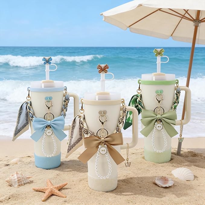 Stanley Cup Accessories Set for 40oz & 30oz Tumbler Including Water Bottle Handle Strap、Bow Keychain、Cup Ring、Bling Silicone Boots、Butterfly Straw Topper、Charm Accessories for Stanley Cup