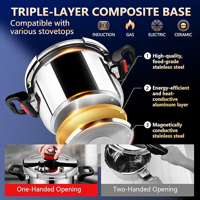 Stainless Steel Pressure Cooker 8 quart Commercial Stove Top Pressure Cooker for canning, pressure cooker 8+ quart, Compatible with Gas & Induction, Fast Cooking for large Meals, Dishwasher Safe,
