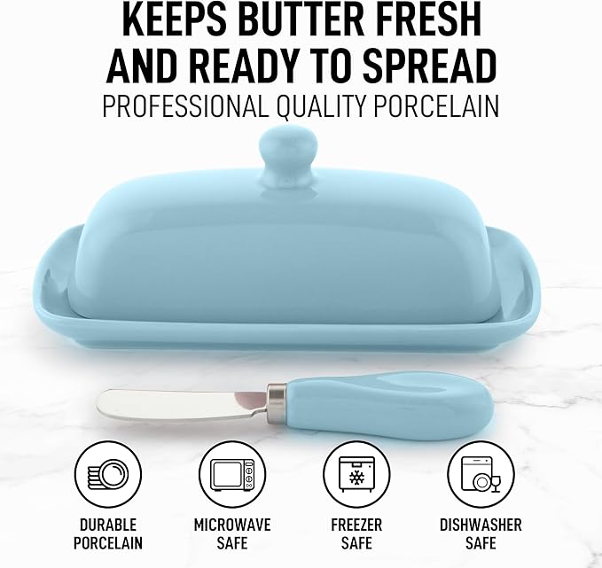 Zulay Kitchen Butter Dish With Lid For Countertop - Porcelain Blue, Ceramic Butter Dish with Knob Handle Great for Cooking - Elegant Design Butter Holder - Durable & Sturdy Butter Keeper - Light Blue
