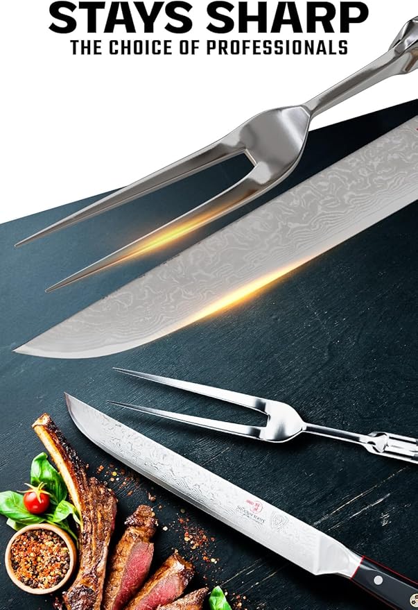 Dalstrong Carving Knife & Fork Set - 9 inch - Shogun Series ELITE - Damascus Carving Set - Japanese AUS-10V Super Steel Kitchen Knife - BBQ Set - Sheath Included