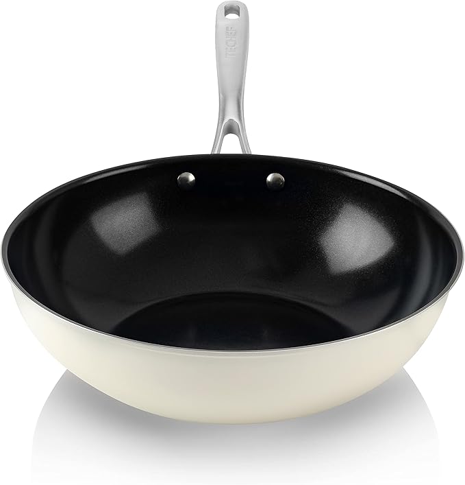 ValenCera TeChef Collection | Ceramic Nonstick Flat Bottom Wok Stir Fry Pan, Nontoxic - Free of PFAS, PFOA, PTFE (Wok 12")