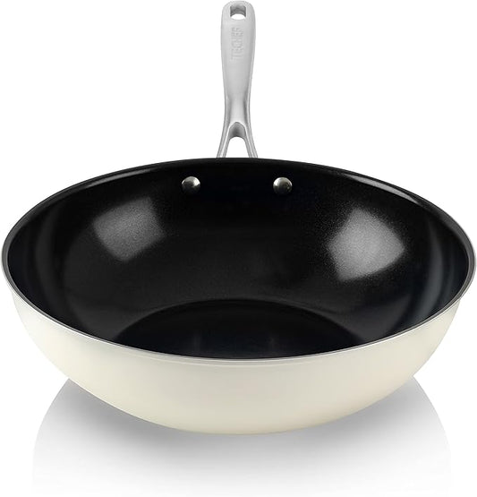 ValenCera TeChef Collection | Ceramic Nonstick Flat Bottom Wok Stir Fry Pan, Nontoxic - Free of PFAS, PFOA, PTFE (Wok 12")