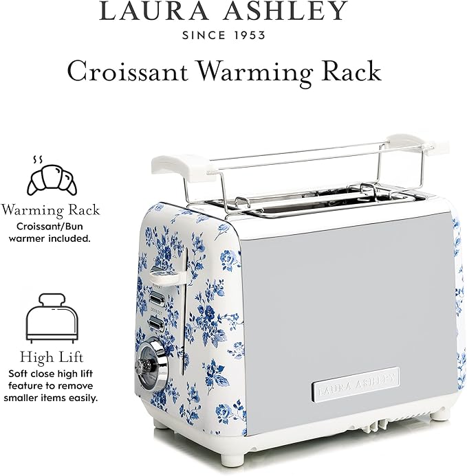 VQ Laura Ashley China Rose Stainless Steel 2 Slice Toaster | Multi-Functional Bagels & Bread Toaster 2 Slice with Adjustable Heating & Defrost Mode | Featuring 2 Wide Slots & Croissant Warming Rack