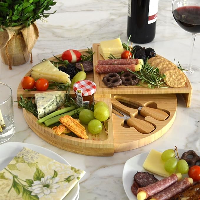 Picnic at Ascot Bamboo Cheese/Charcuterie Board with Knives & Cheese Markers- Innovative Patented Design enables All in One Storage