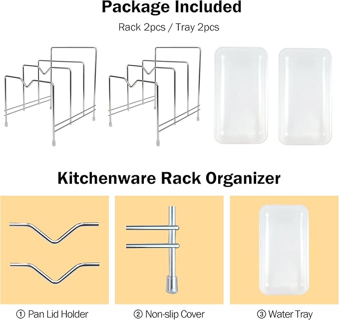 Pot Lid Organizer Cutting Board Holder Stainless Steel Rack Pan Chopping Board Dry Display Kitchen Storage Stand Bakeware Cookware Countertop Cabinet Included Drain Tray (2-Pack)