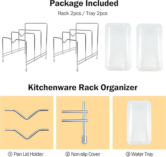 Pot Lid Organizer Cutting Board Holder Stainless Steel Rack Pan Chopping Board Dry Display Kitchen Storage Stand Bakeware Cookware Countertop Cabinet Included Drain Tray (2-Pack)