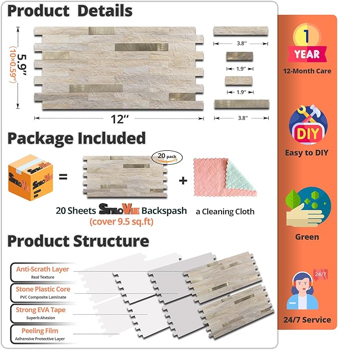 20 Sheets Kitchen Peel and Stick Backsplash Tiles, Beige with Metal Gold Look Stick on Backsplash for Kitchen, RV, Fireplace