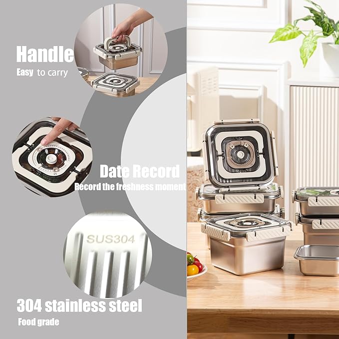 Compact vacuum sealer pump - 2PACK Stainless Steel Vacuum Food Storage Containers [60 fl oz] -With Handles for Easy Carrying, Keep Food Fresh Longer, Leak-Proof, Ideal for Meal Prep, Marinating