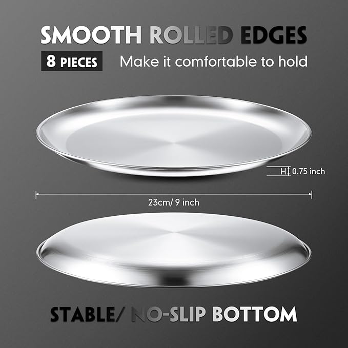 Thenshop 8 Pieces 9 Inch Pizza Pans Bulk Stainless Steel Sets Round Bakeware Pizza Trays for Oven Kitchen Baking Home Restaurant Safe Sturdy Reusable Easy Clean(Silver)